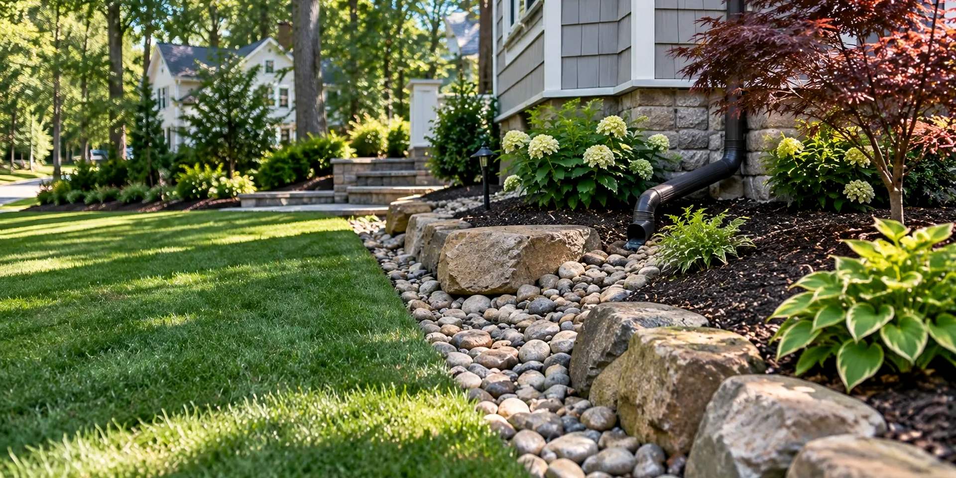 River rock drainage channel winding through plantings and lawn in a landscaped yard