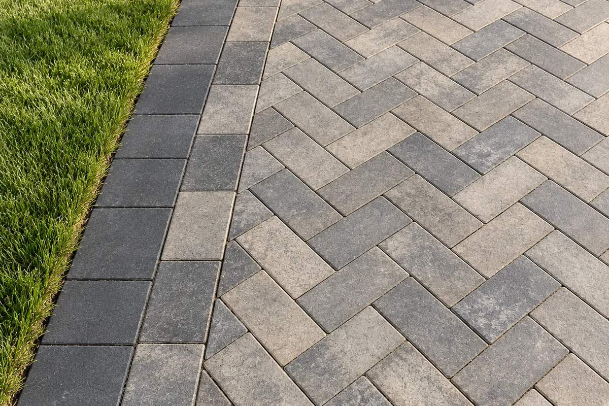 Close-up of a herringbone paver driveway with a contrasting border