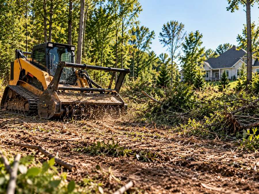 Compact equipment clearing brush and undergrowth at the edge of a wooded lot