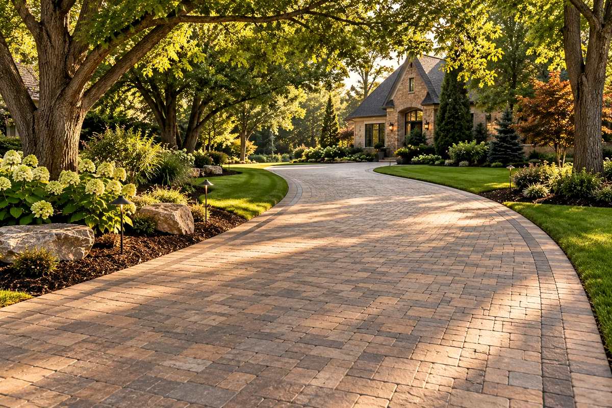 Long curved paver driveway winding through mature trees toward a home
