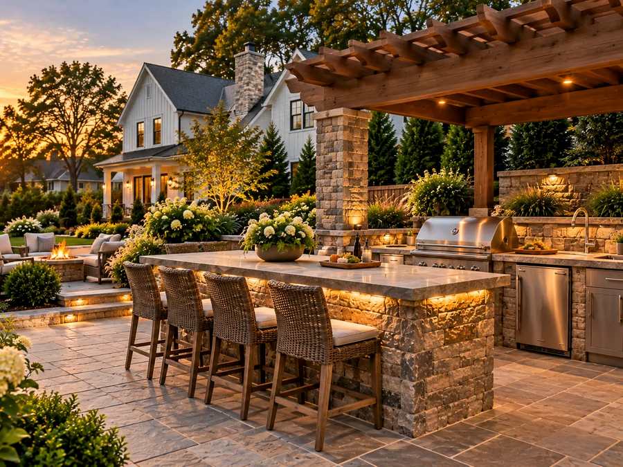 L-shaped outdoor kitchen with a stone-clad island, built-in grill, and bar stools on a patio