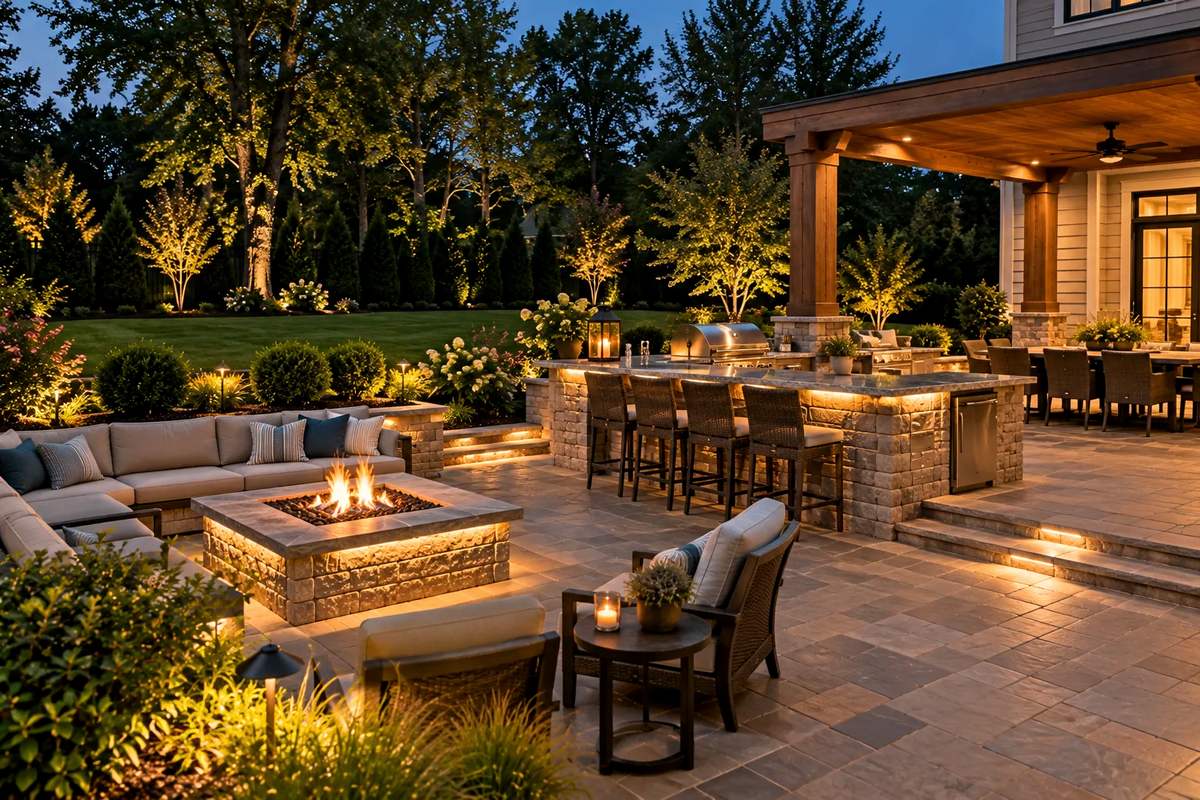 Patio with an outdoor kitchen, dining table, and fire pit lit at twilight
