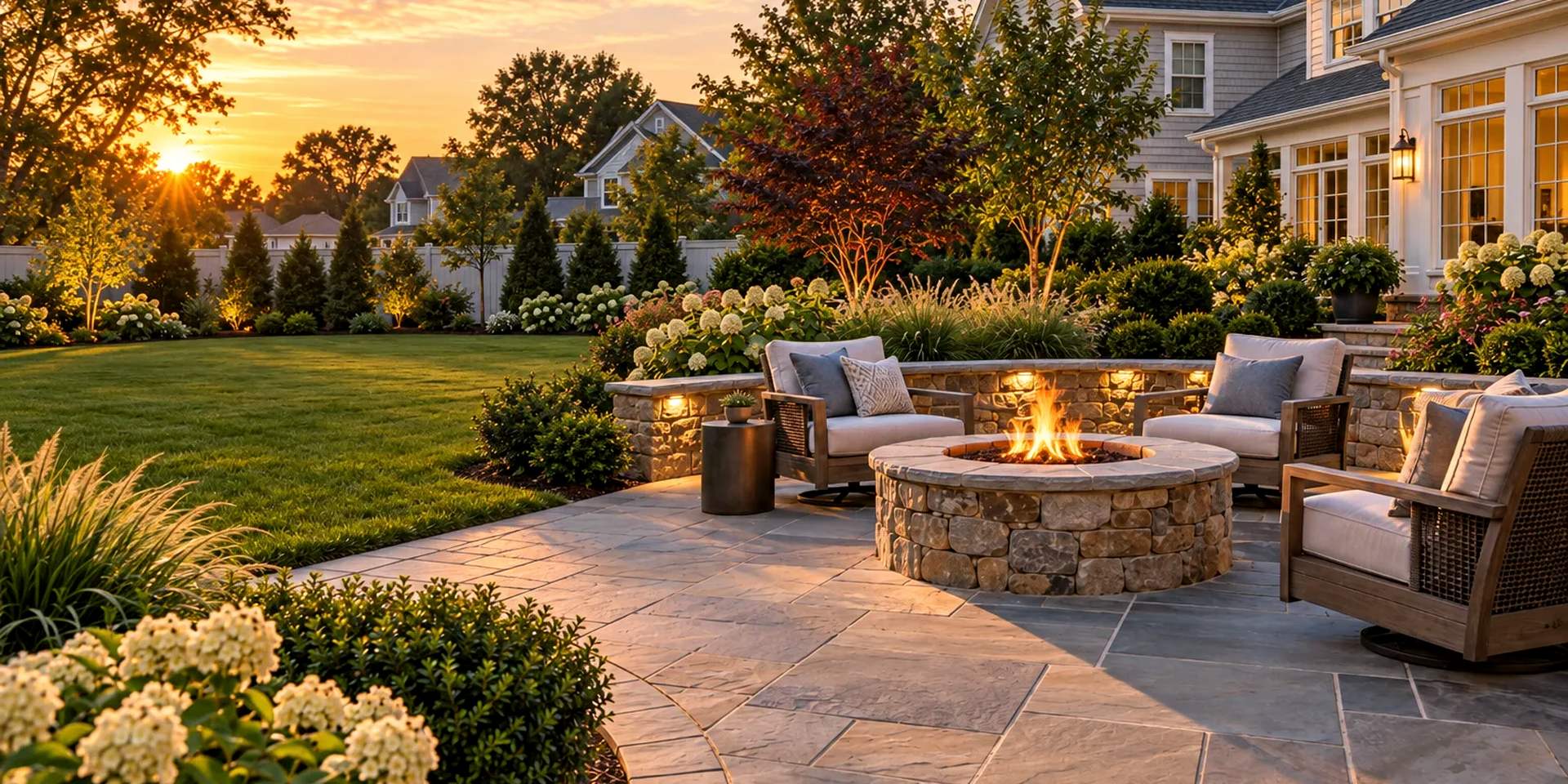 Stone patio with lounge seating and a fire pit in a landscaped backyard at sunset