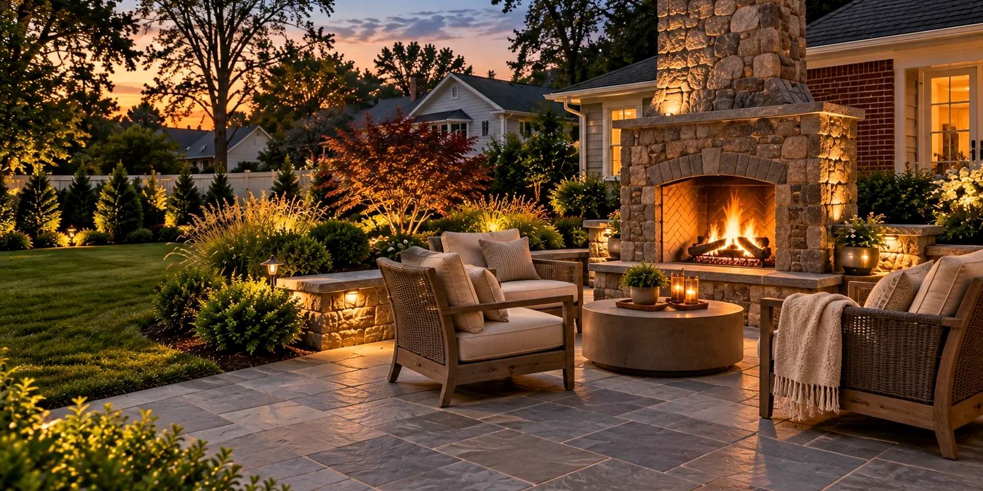 Stone outdoor fireplace with lounge seating on a patio at dusk