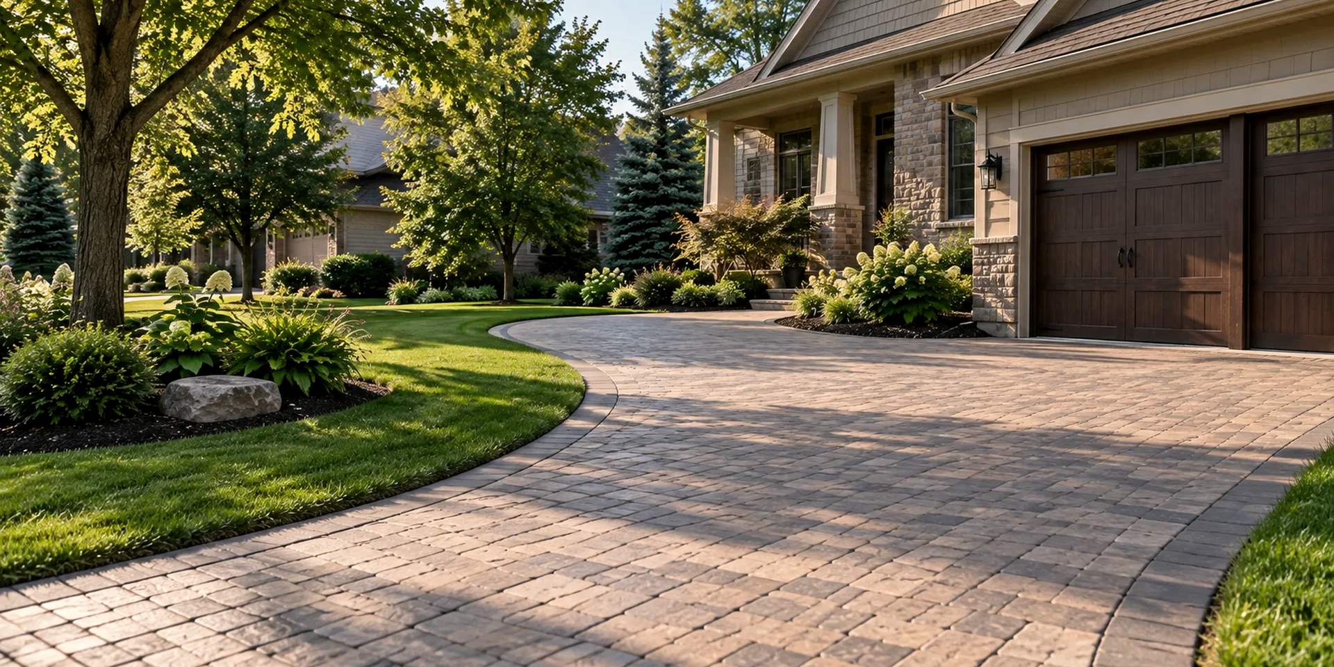 Paver driveway with a contrasting border leading to the front of a two-story home