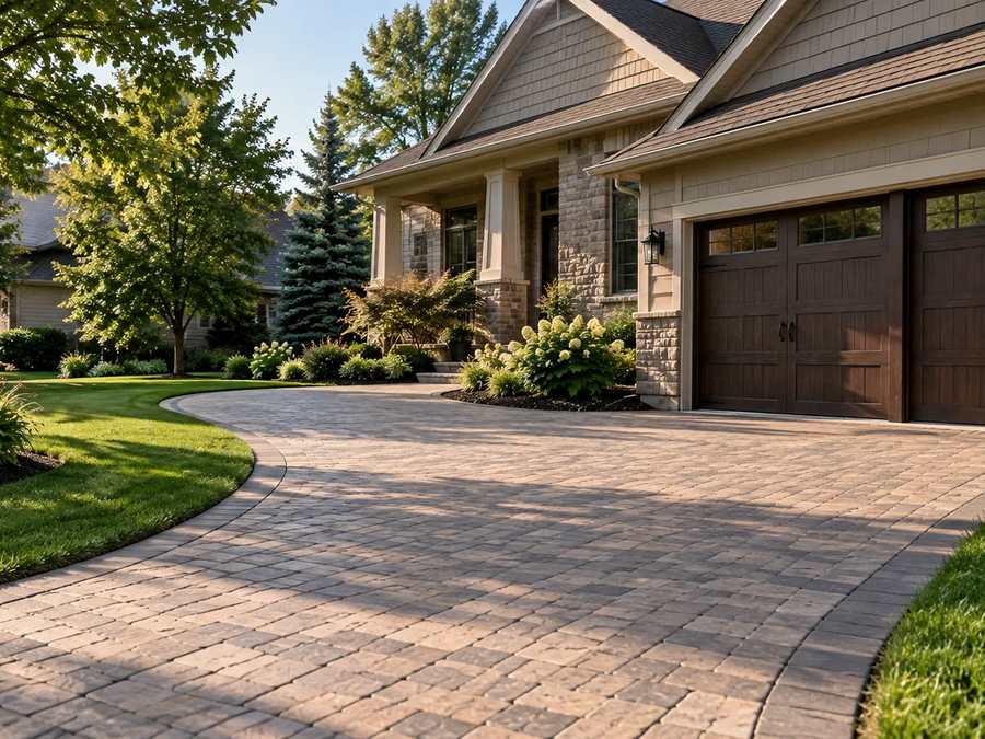 Paver driveway with a contrasting border leading to the front of a two-story home