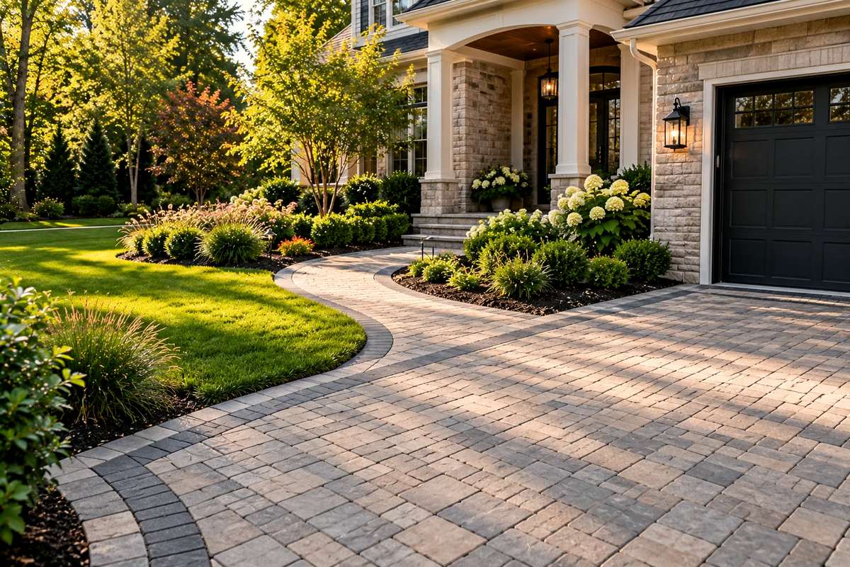 Paver driveway meeting a front walkway and entry steps lined with plantings