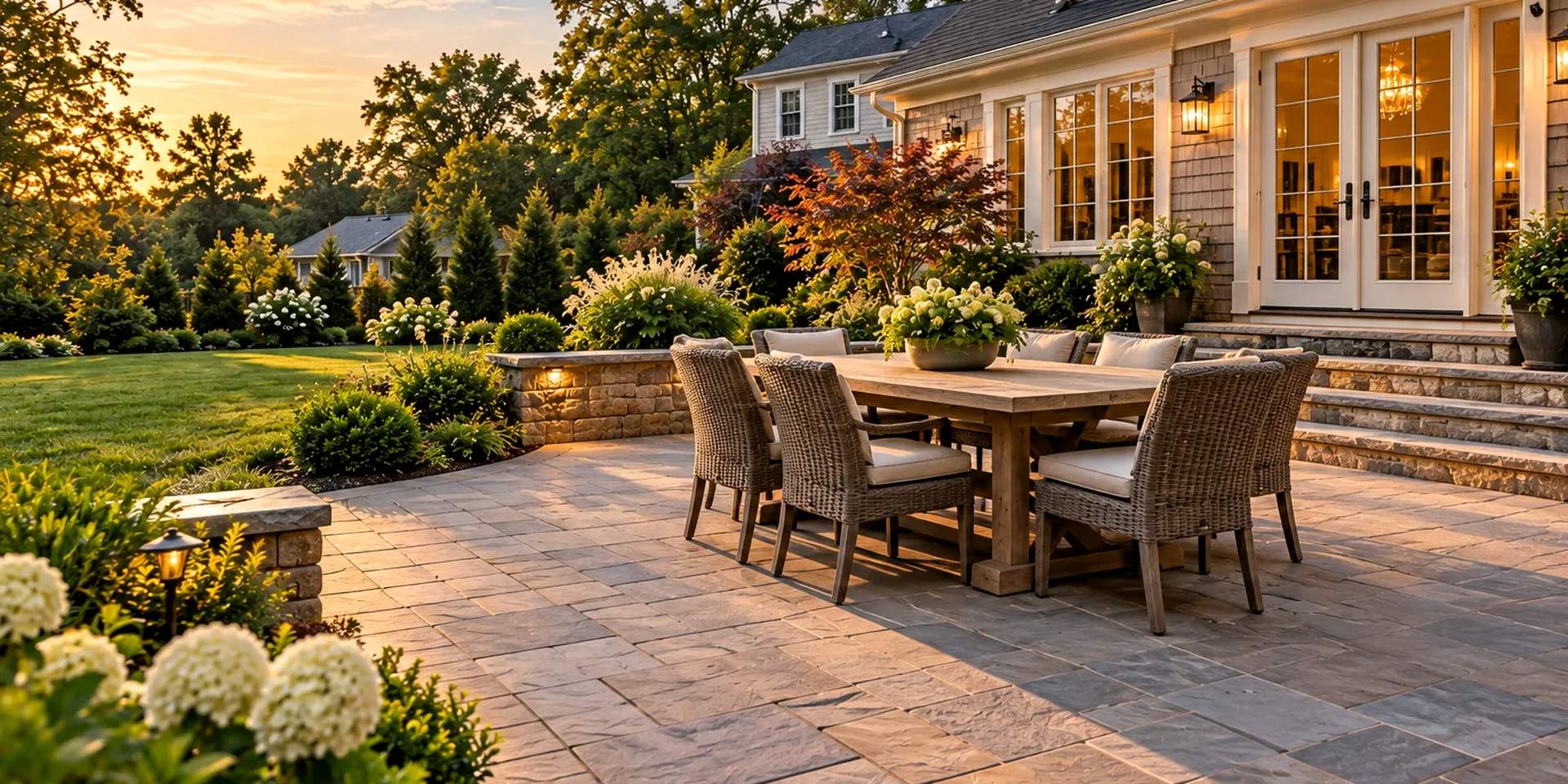 Paver patio with an outdoor dining table and chairs outside a home's back doors