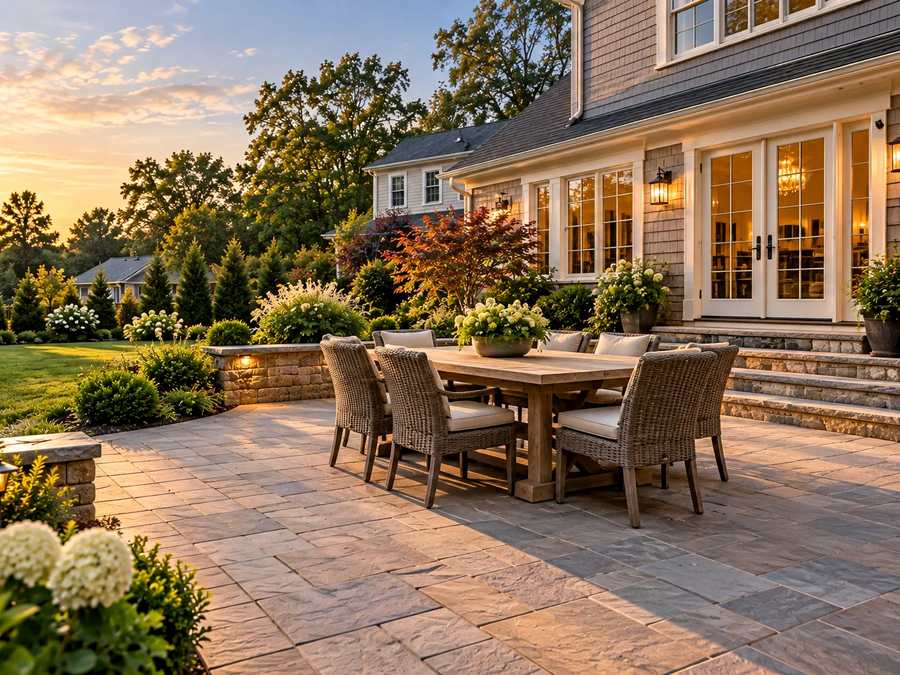 Paver patio with an outdoor dining table and chairs outside a home's back doors