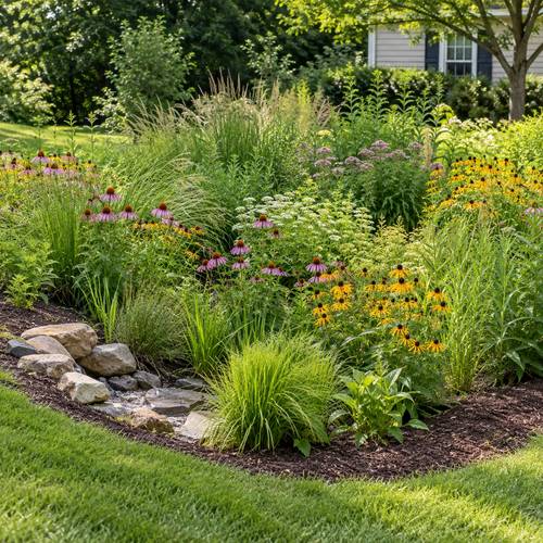 Planted rain garden basin with grasses and perennials beside a lawn