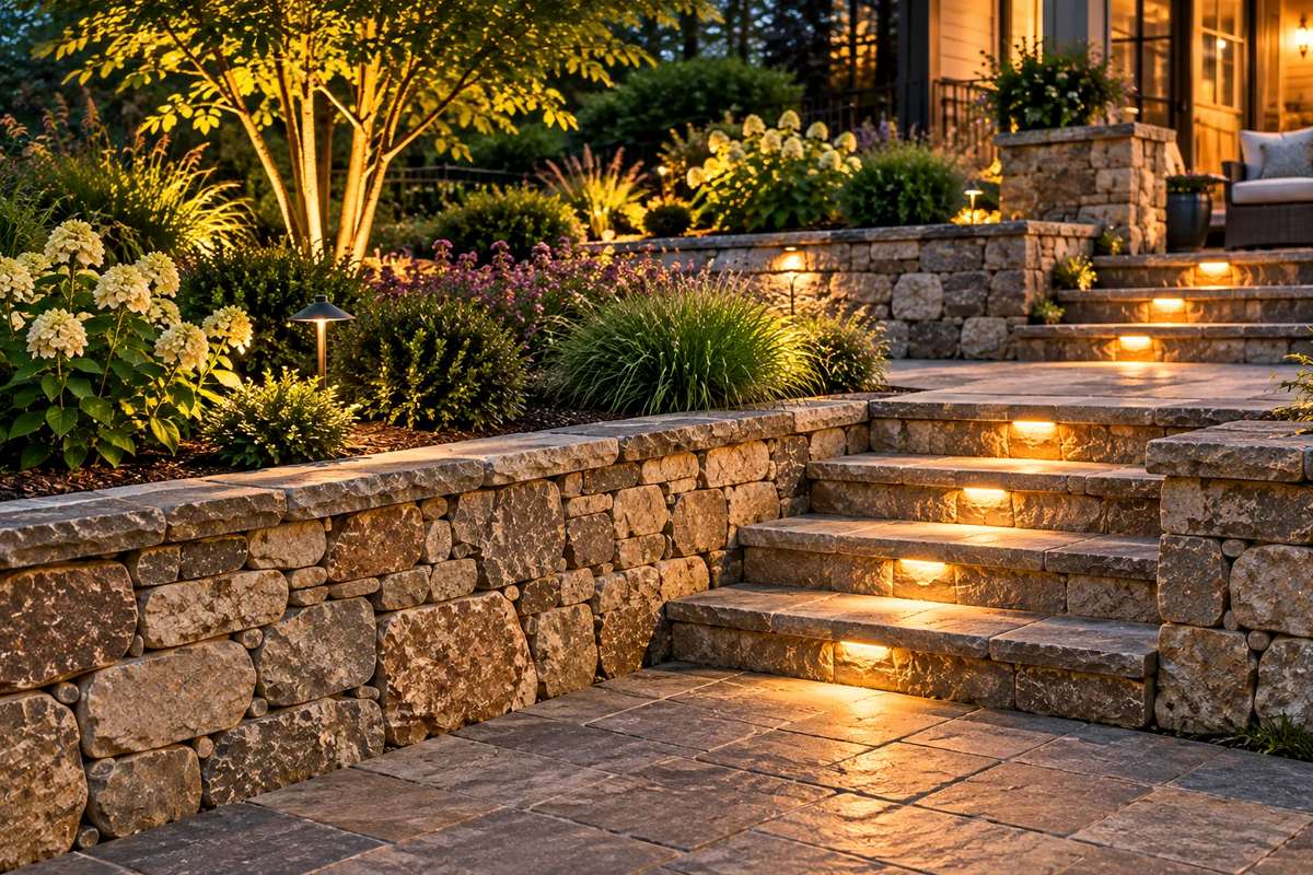 Retaining wall with stone steps and wall-cap lights leading to an upper patio at dusk