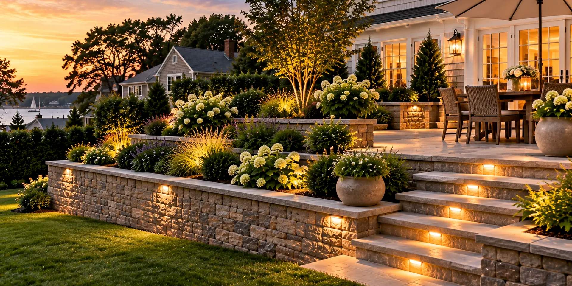 Block retaining walls with lit stone steps leading up to a raised patio and planted terraces at dusk