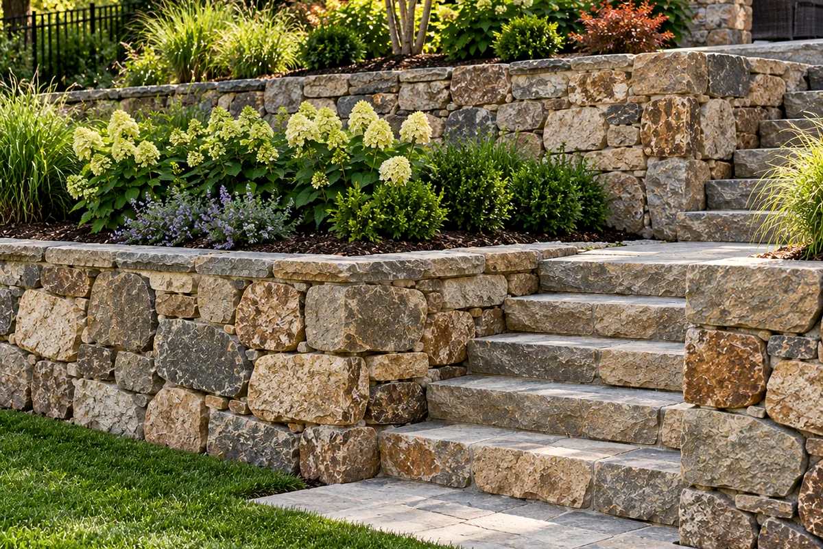 Terraced retaining walls with planting beds stepping up a slope